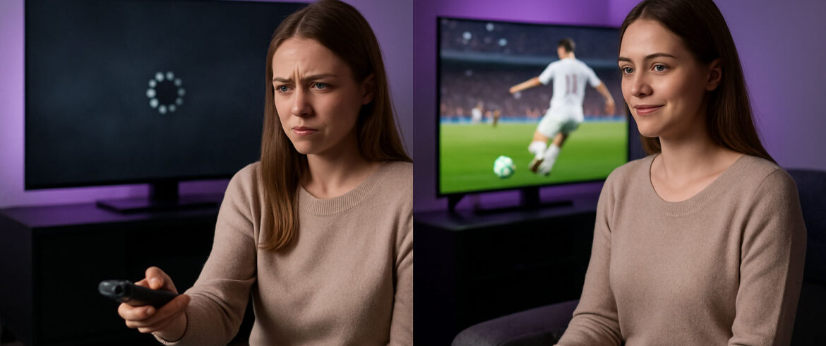Femme regardant la télévision avec deux expressions : frustration face à un écran bloqué à gauche et satisfaction devant un match de football fluide à droite – comparaison IPTV gratuite vs payante