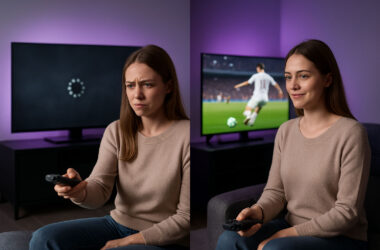 Femme regardant la télévision avec deux expressions : frustration face à un écran bloqué à gauche et satisfaction devant un match de football fluide à droite – comparaison IPTV gratuite vs payante
