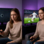 Femme regardant la télévision avec deux expressions : frustration face à un écran bloqué à gauche et satisfaction devant un match de football fluide à droite – comparaison IPTV gratuite vs payante