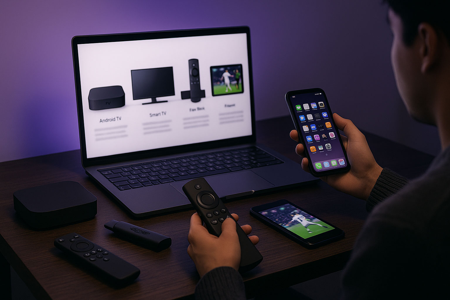 Homme comparant des appareils IPTV sur un ordinateur portable avec smartphone et accessoires sur un bureau moderne violet