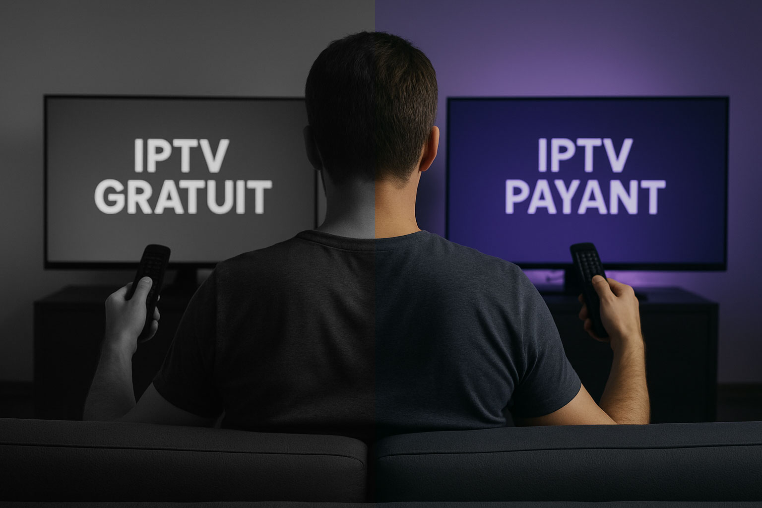 Homme tenant deux télécommandes devant deux télévisions affichant IPTV Gratuit et IPTV Payant dans une pièce éclairée en violet