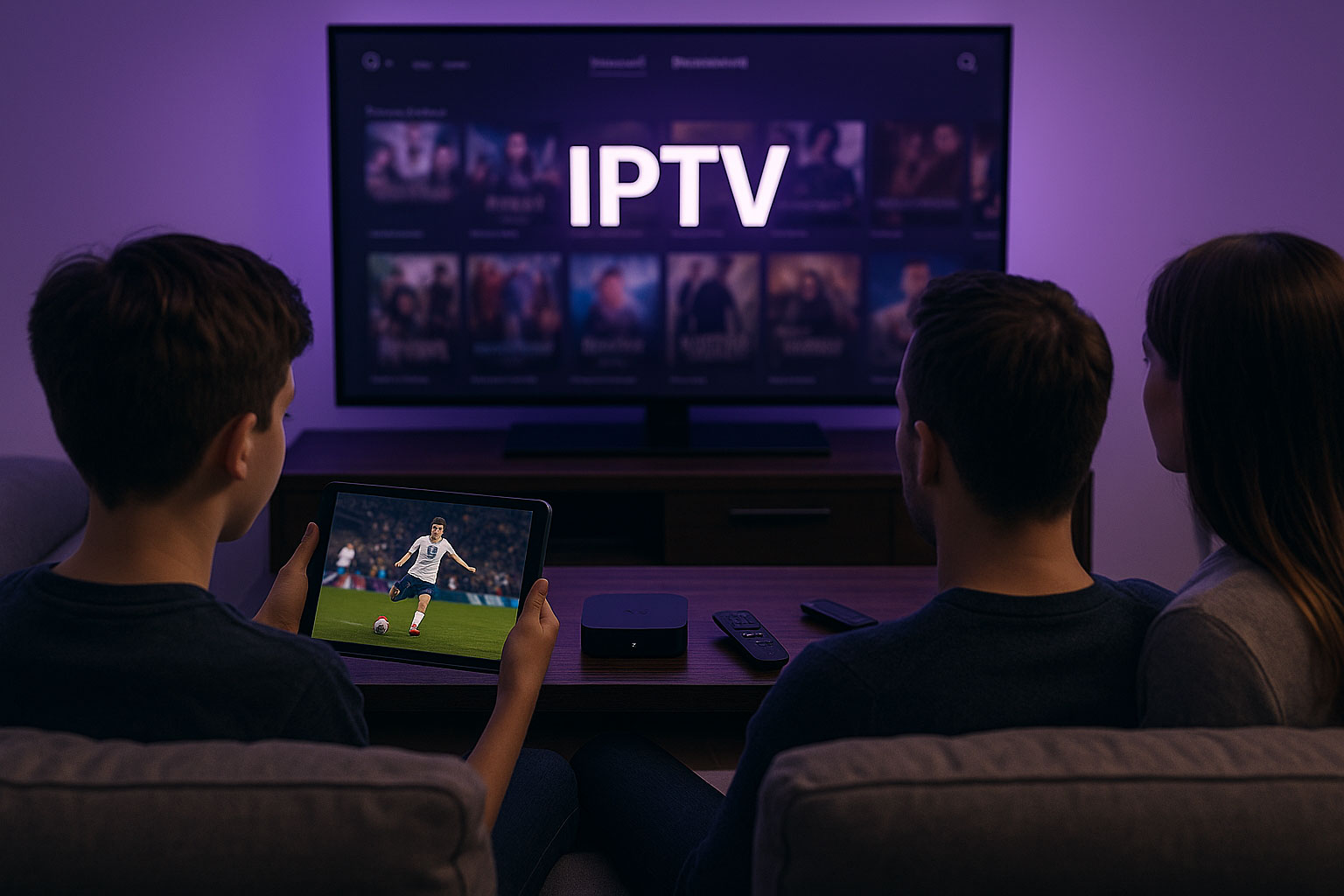 Famille assise dans un salon regardant un match de football sur tablette pendant que la télévision diffuse des films via IPTV – ambiance lumineuse violette