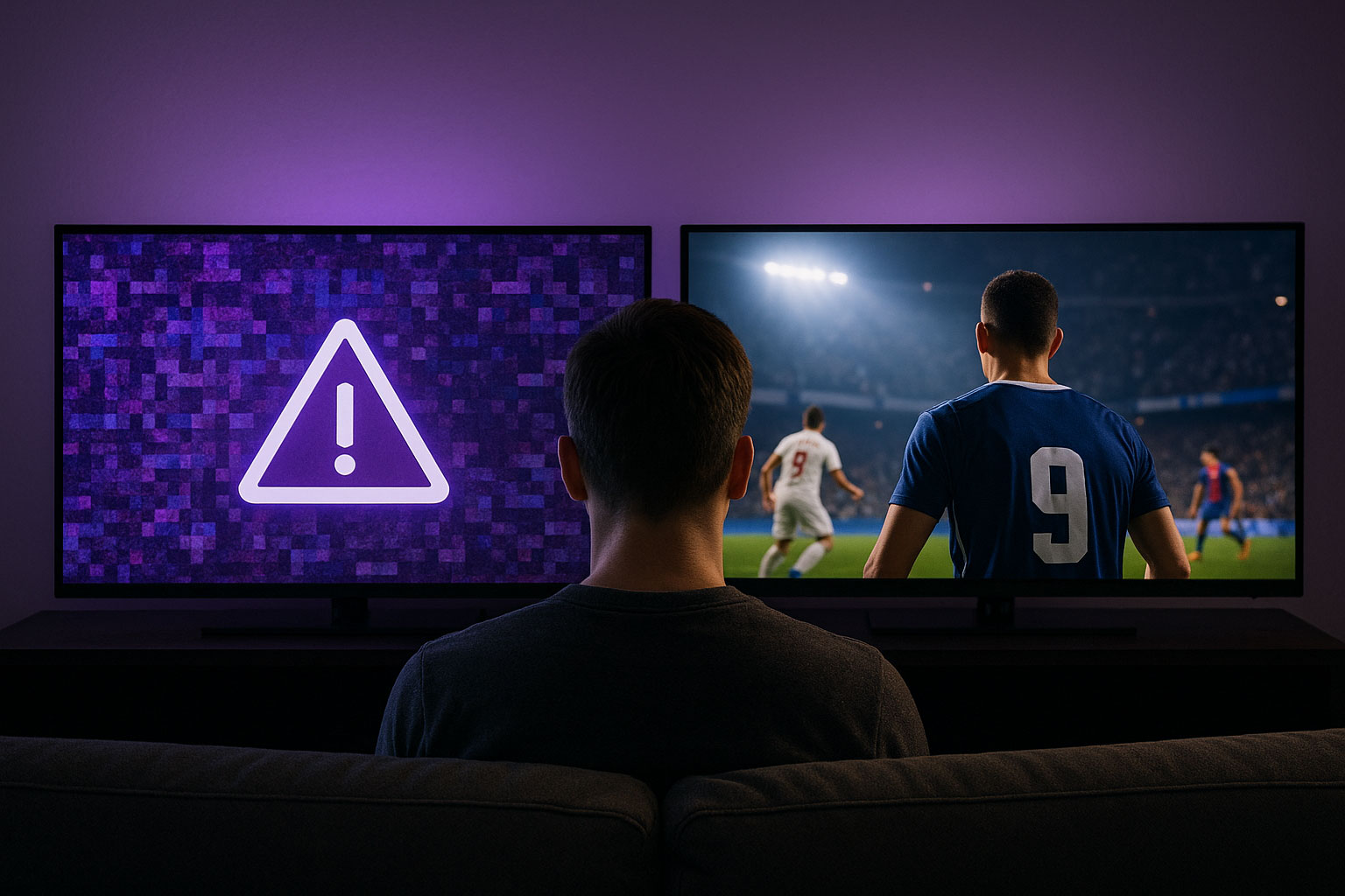 Comparaison visuelle IPTV : erreur de streaming à gauche, match de football en qualité HD à droite dans un salon éclairé en violet